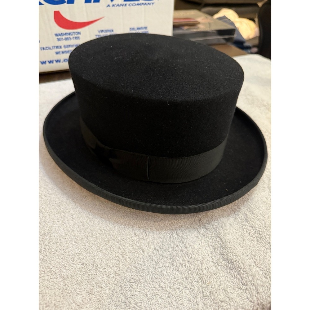 Bergen Hatters Custom Made Black Felt Top Hat Jersey City NJ Size 7 1/4